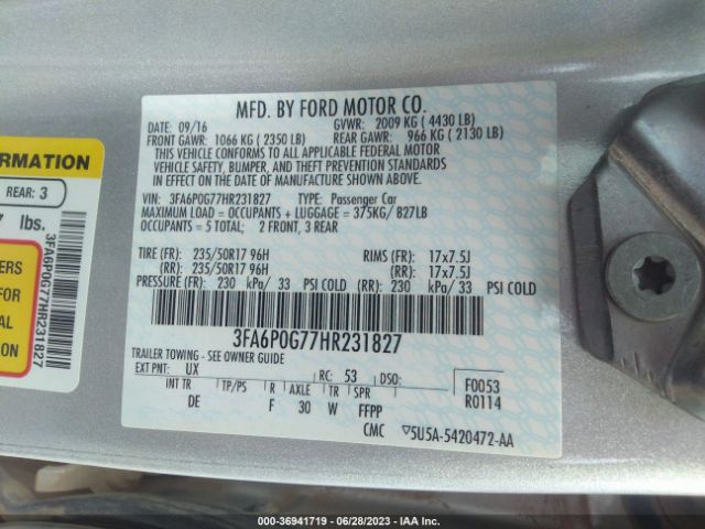 3FA6P0G77HR231827 Ford FUSION S