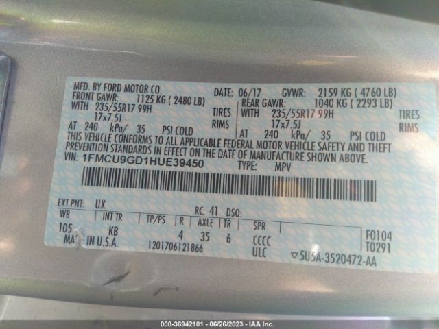 1FMCU9GD1HUE39450 Ford ESCAPE SE