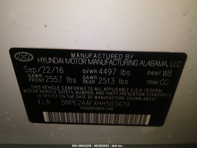 2017 HYUNDAI SONATA 2.4L VIN: 5NPE24AFXHH503429