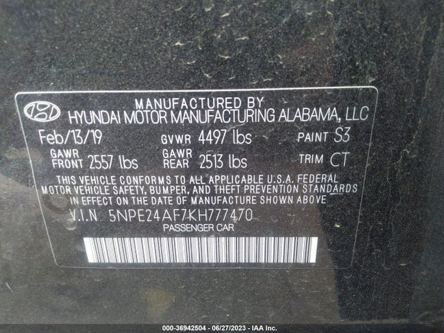 2019 HYUNDAI SONATA SE VIN: 5NPE24AF7KH777470