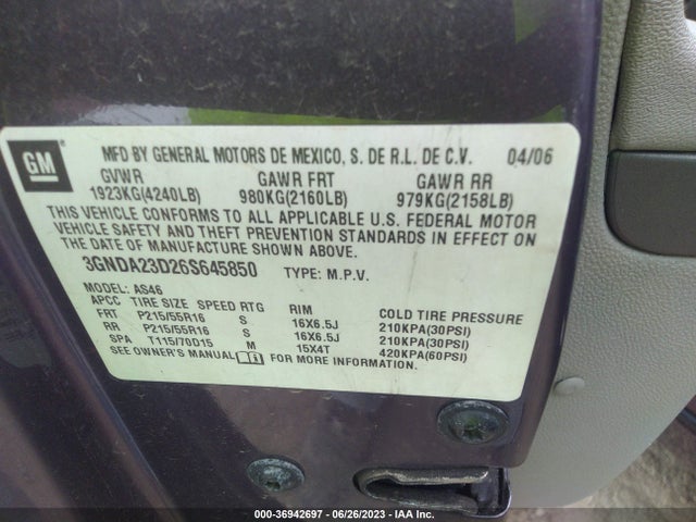 2006 CHEVROLET HHR LT VIN: 3GNDA23D26S645850