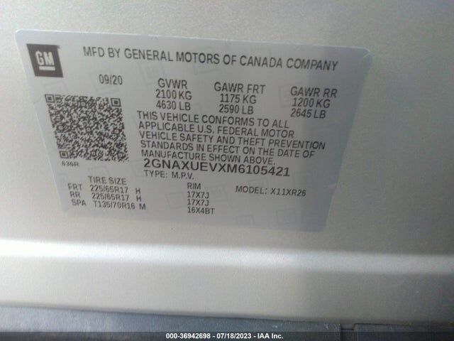Chevrolet EQUINOX LT 2021 2GNAXUEVXM6105421 Image 9
