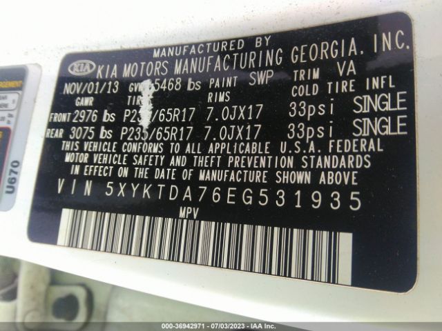 5XYKTDA76EG531935 KIA SORENTO LX