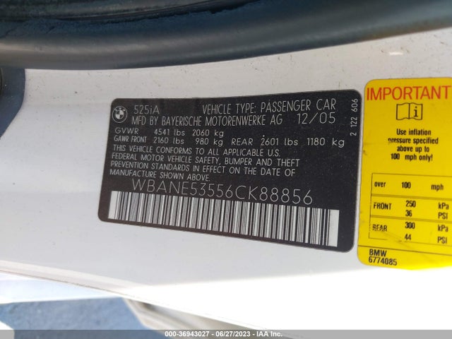 2006 BMW 5 SERIES 525I VIN: WBANE53556CK88856
