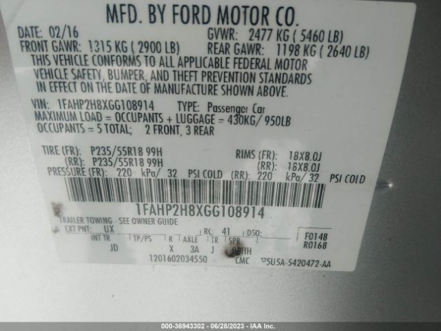 1FAHP2H8XGG108914 Ford TAURUS SEL