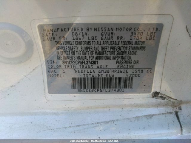 3N1CE2CP5FL374301 Nissan Versa Note S/s Plus/sv/sr/sl
