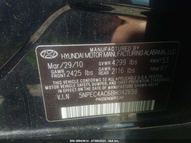 2011 HYUNDAI SONATA SE VIN: 5NPEC4AC6BH042658