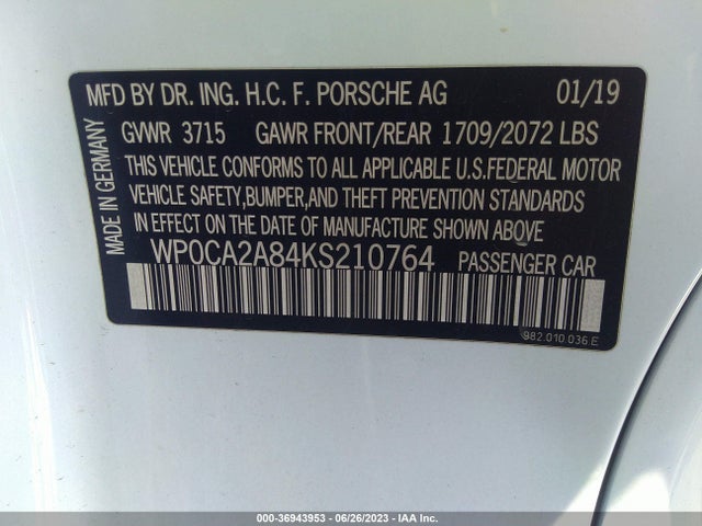 2019 Porsche 718, VIN: WP0CA2A84KS210764