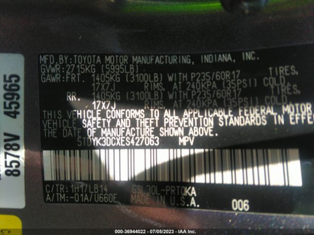 5TDYK3DCXES427063 Toyota SIENNA XLE