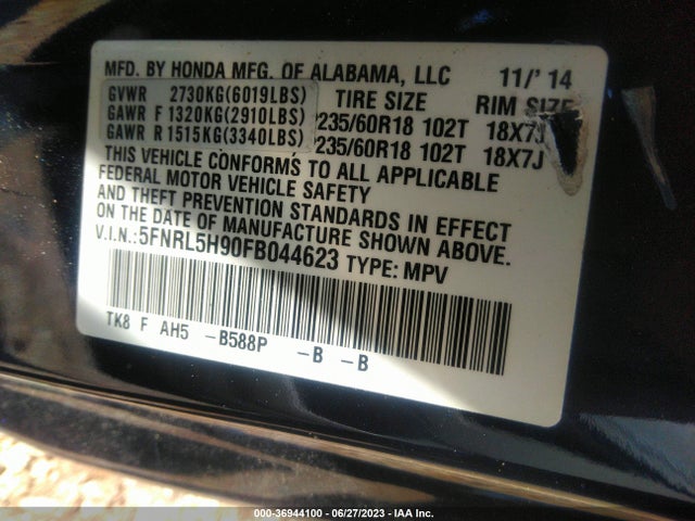 Honda Odyssey Touring 2015 5FNRL5H90FB044623 Image 9