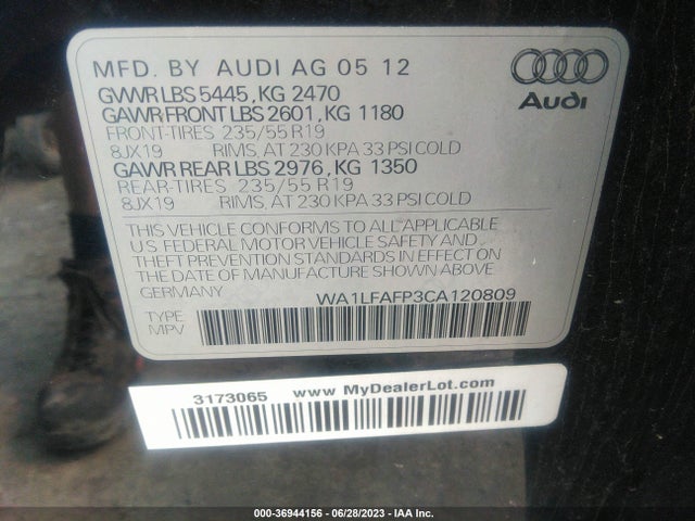 2012 AUDI Q5 2.0T PREMIUM PLUS VIN: WA1LFAFP3CA120809