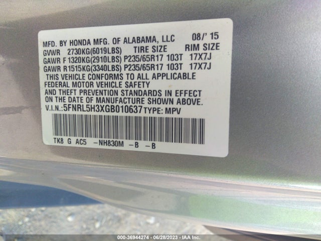 Honda ODYSSEY SE 2016 5FNRL5H3XGB010637 Image 9