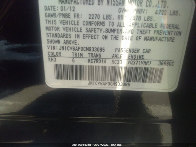 2012 INFINITI G37 SEDAN JOURNEY VIN: JN1CV6AP0CM933085