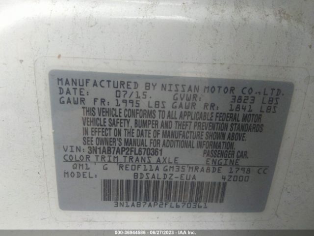 3N1AB7AP2FL670361 Nissan Sentra Sr/sl/s/sv/fe+ S