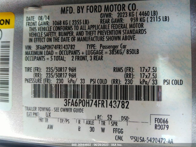 Ford FUSION SE 2015 3FA6P0H74FR143782 Image 10