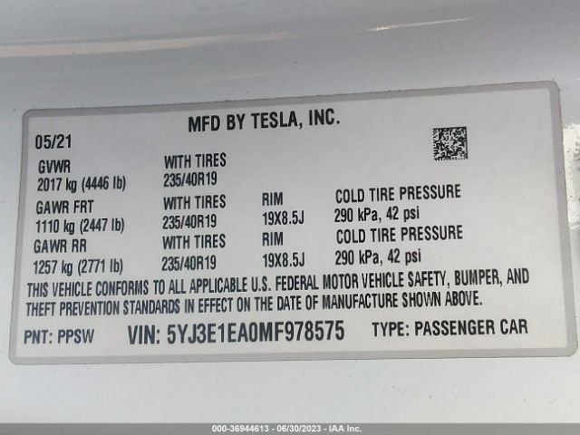 5YJ3E1EA0MF978575 Tesla Model 3 Standard Range Plus