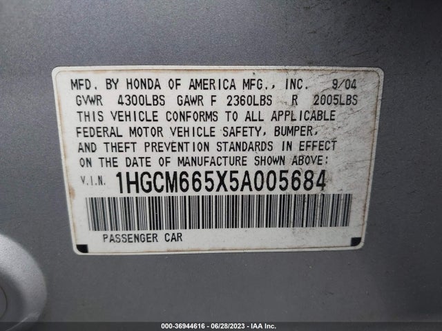 2005 HONDA ACCORD SDN EX-L V6 VIN: 1HGCM665X5A005684