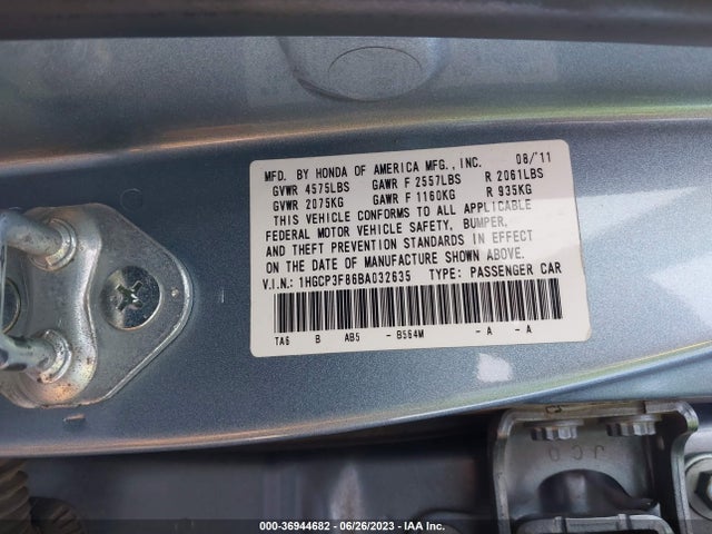 2011 HONDA ACCORD SDN EX-L VIN: 1HGCP3F86BA032635