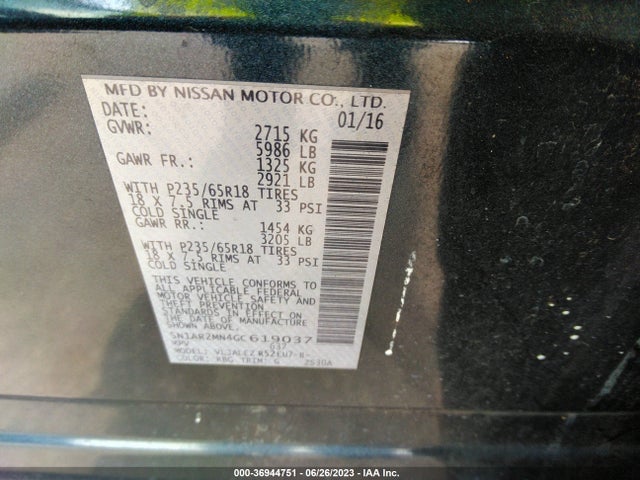 Aukcja sprzedaży 2016 Nissan Pathfinder Sl, vin: 5N1AR2MN4GC619037, numer aukcji: 36944751