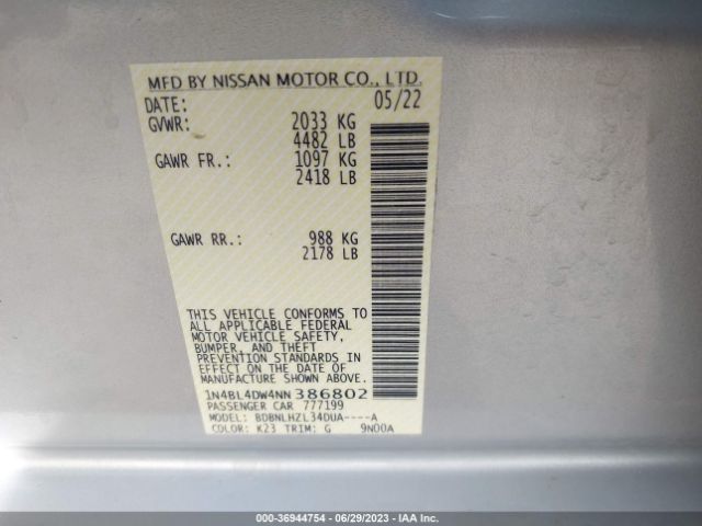 1N4BL4DW4NN386802 Nissan Altima 2.5 Sv