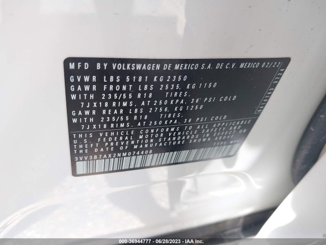 3VV3B7AX2NM074408 Volkswagen TIGUAN SE