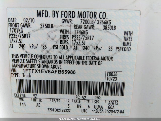 2010 FORD F-150 XL/XLT/FX4/LARIAT VIN: 1FTFX1EV8AFB65986