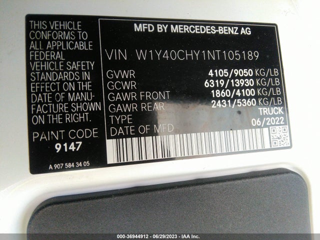 Aukcja sprzedaży 2022 Mercedes-benz Sprinter Cargo Van, vin: W1Y40CHY1NT105189, numer aukcji: 36944912