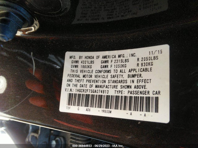 2016 HONDA ACCORD SEDAN EX VIN: 1HGCR2F75GA074913