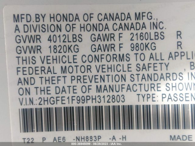 2HGFE1F99PH312803 Honda Civic Sedan Touring