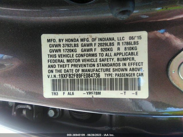 Honda Civic Sedan Ex 2015 19XFB2F89FE084736 Image 9