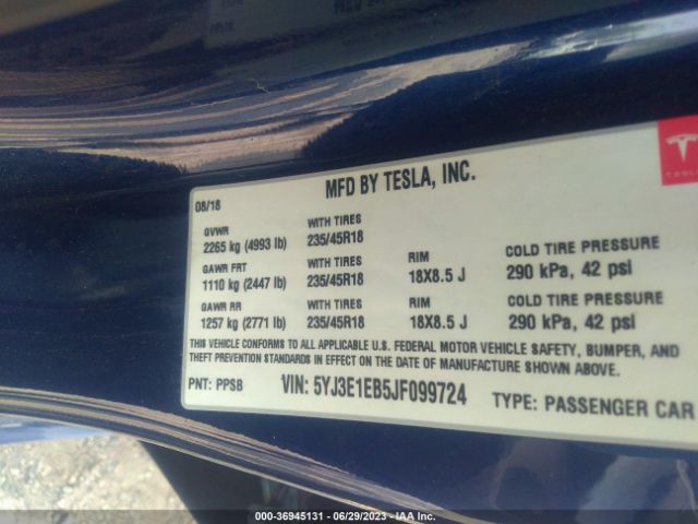 5YJ3E1EB5JF099724 Tesla Model 3 Long Range