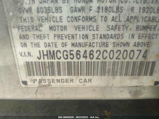 2002 HONDA ACCORD SDN LX VIN: JHMCG56462C020074