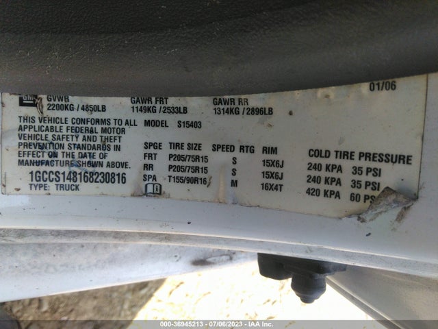 2006 CHEVROLET COLORADO WORK TRUCK VIN: 1GCCS148168230816