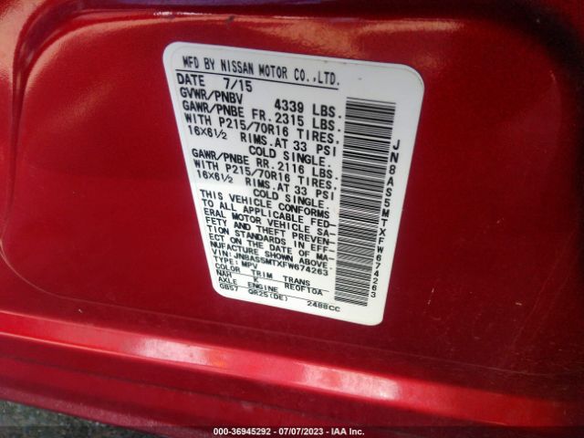 JN8AS5MTXFW674263 Nissan Rogue Select S