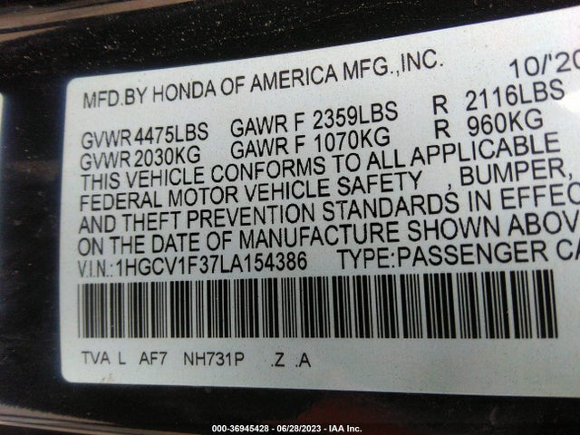 2020 HONDA ACCORD SEDAN SPORT VIN: 1HGCV1F37LA154386