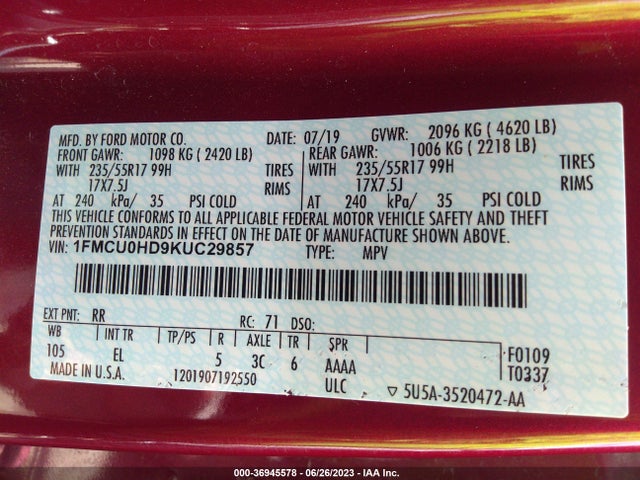 2019 FORD ESCAPE SEL VIN: 1FMCU0HD9KUC29857