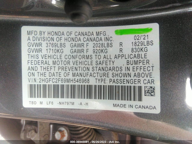 36945591 :رقم المزاد ، 2HGFC2F69MH546968 vin ، 2021 Honda Civic Sedan Lx مزاد بيع