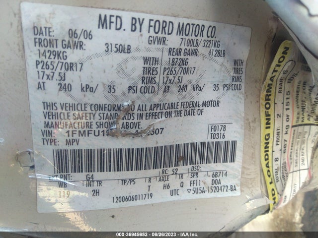 2006 FORD EXPEDITION LIMITED VIN: 1FMFU19506LA92507