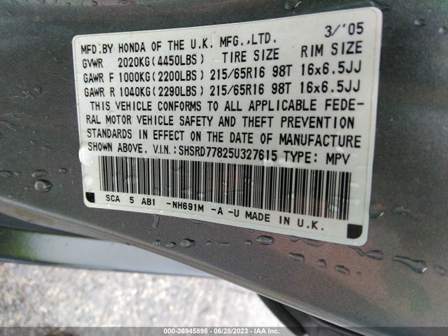 2005 HONDA CR-V EX VIN: SHSRD77825U327615