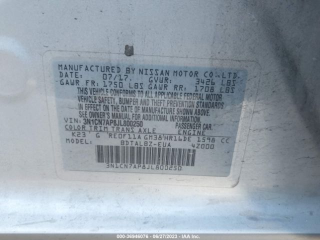 3N1CN7AP8JL800250 Nissan Versa Sedan Sv