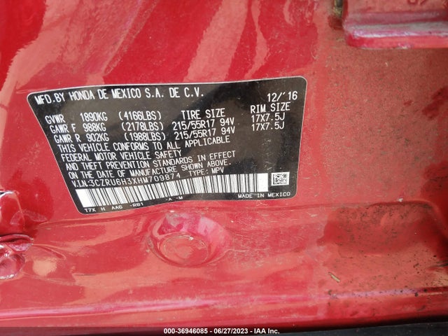 2017 HONDA HR-V LX VIN: 3CZRU6H3XHM709874