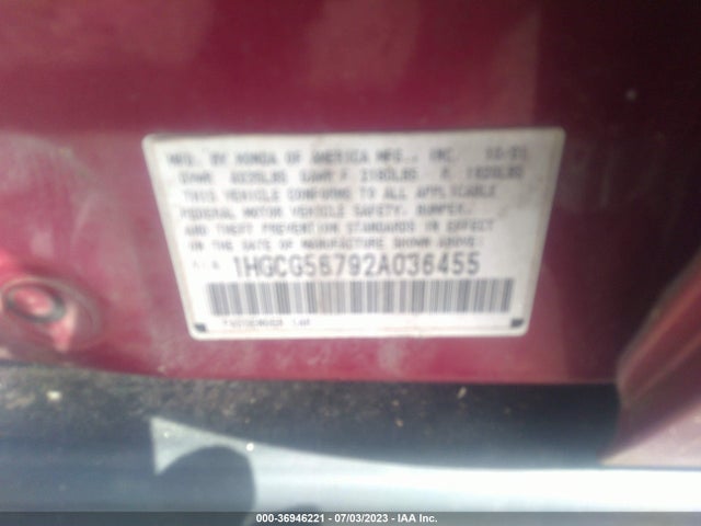 2002 HONDA ACCORD SDN SE VIN: 1HGCG56792A036455