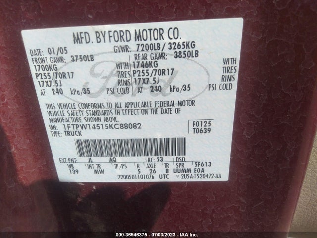 2005 FORD F-150 XLT/FX4/LARIAT/KING RANCH VIN: 1FTPW14515KC88082