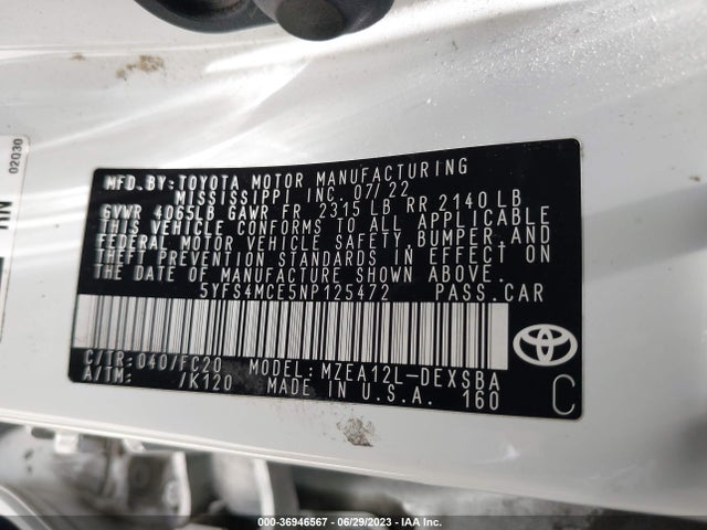 2022 Toyota Corolla, VIN: 5YFS4MCE5NP125472