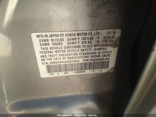 2010 HONDA FIT SPORT VIN: JHMGE8H44AS015949
