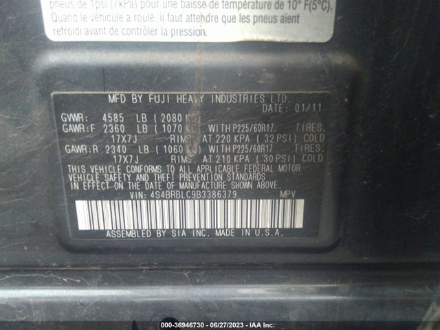 2011 SUBARU OUTBACK 2.5I LIMITED PWR MOON/NAV VIN: 4S4BRBLC9B3386379