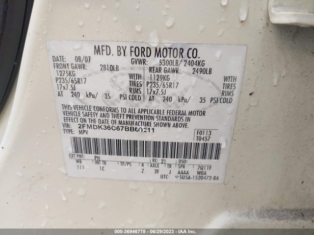 2007 FORD EDGE SE VIN: 2FMDK36C67BB60211