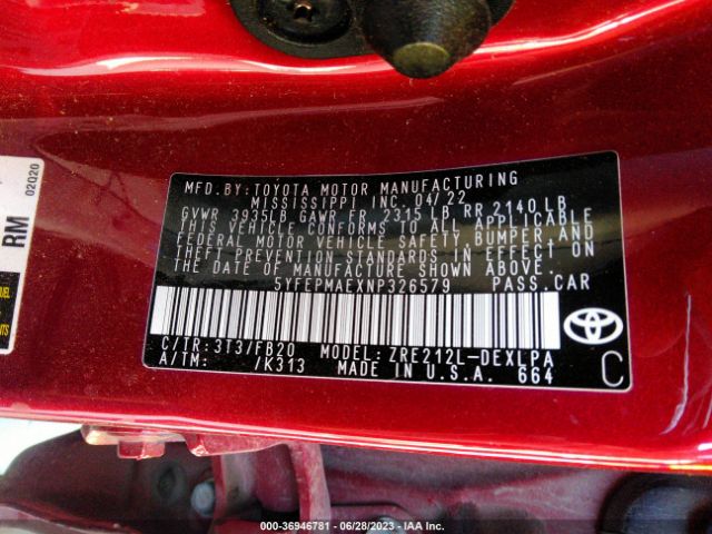 5YFEPMAEXNP326579 Toyota COROLLA LE