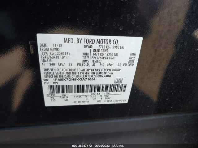 2019 FORD EXPLORER XLT VIN: 1FM5K7DH9KGA71664