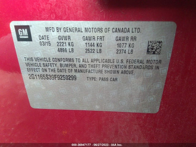 2015 CHEVROLET IMPALA LTZ VIN: 2G1165S39F9250299